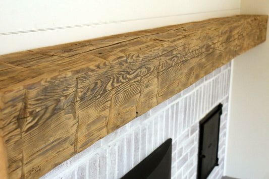 Reclaimed wood mantel close up