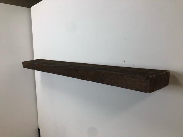 60" Reclaimed Barn Wood Fireplace Mantel Shelf - 3x8 on white wall right angle view