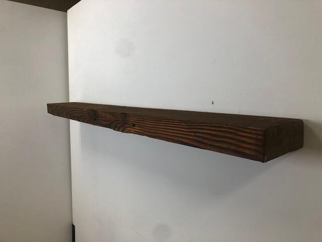 60" Reclaimed Barn Wood Fireplace Mantel Shelf - 3x7 on white wall right angle view