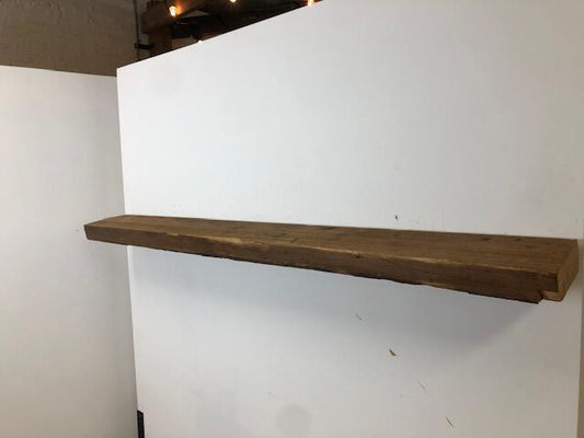 72" Reclaimed Barn Wood Fireplace Mantel Shelf - 3x8 on white wall right angle view