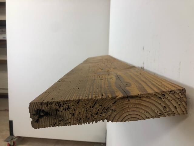 66" Reclaimed Barn Wood Shelf - 2x10 on white wall  right side view close up