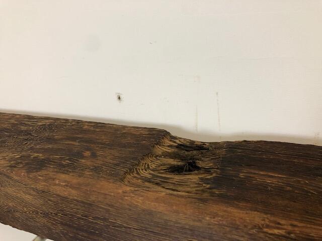 69" Reclaimed Barn Wood Fireplace Mantel Shelf - 3x5 on white wall close up of knot