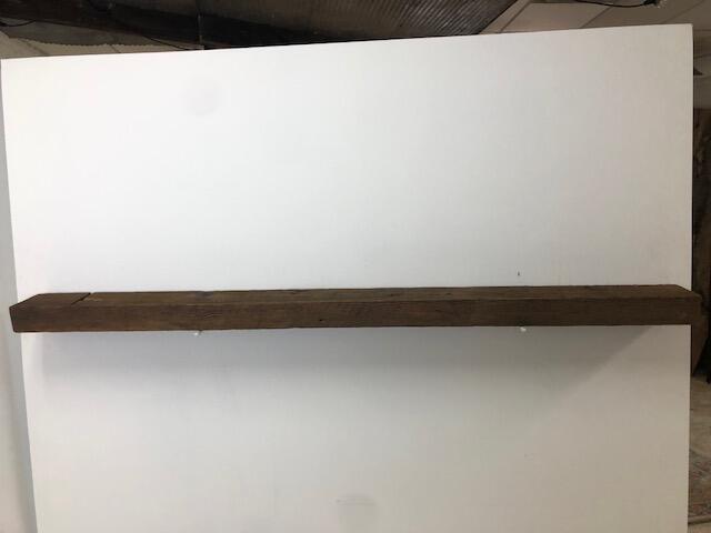 69" Reclaimed Barn Wood Fireplace Mantel Shelf - 3x5 on white wall front view 2