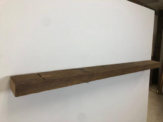 69" Reclaimed Barn Wood Fireplace Mantel Shelf - 3x5 on white wall right angle view