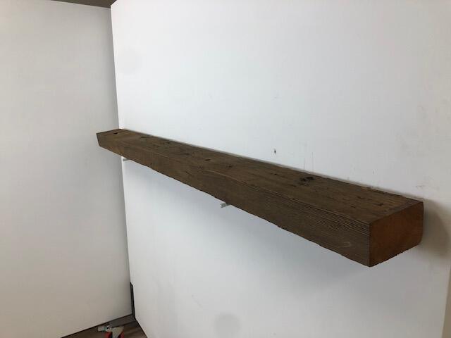 69" Reclaimed Barn Wood Fireplace Mantel Shelf - 3x5 on white wall right angle view