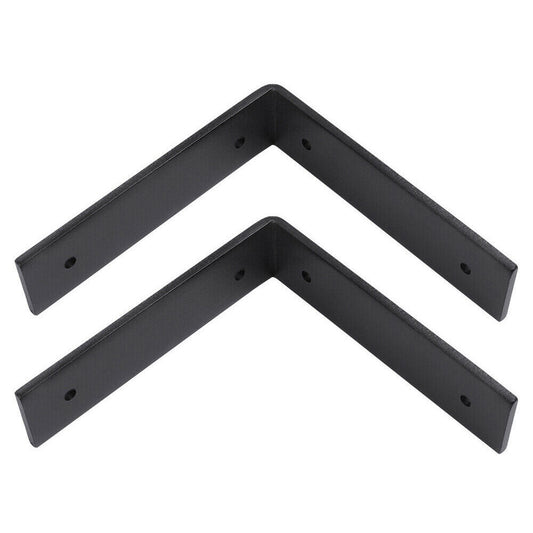 set of two "L" shaped, angle steel brackets. Each bracket has two holes on each eight inch side.