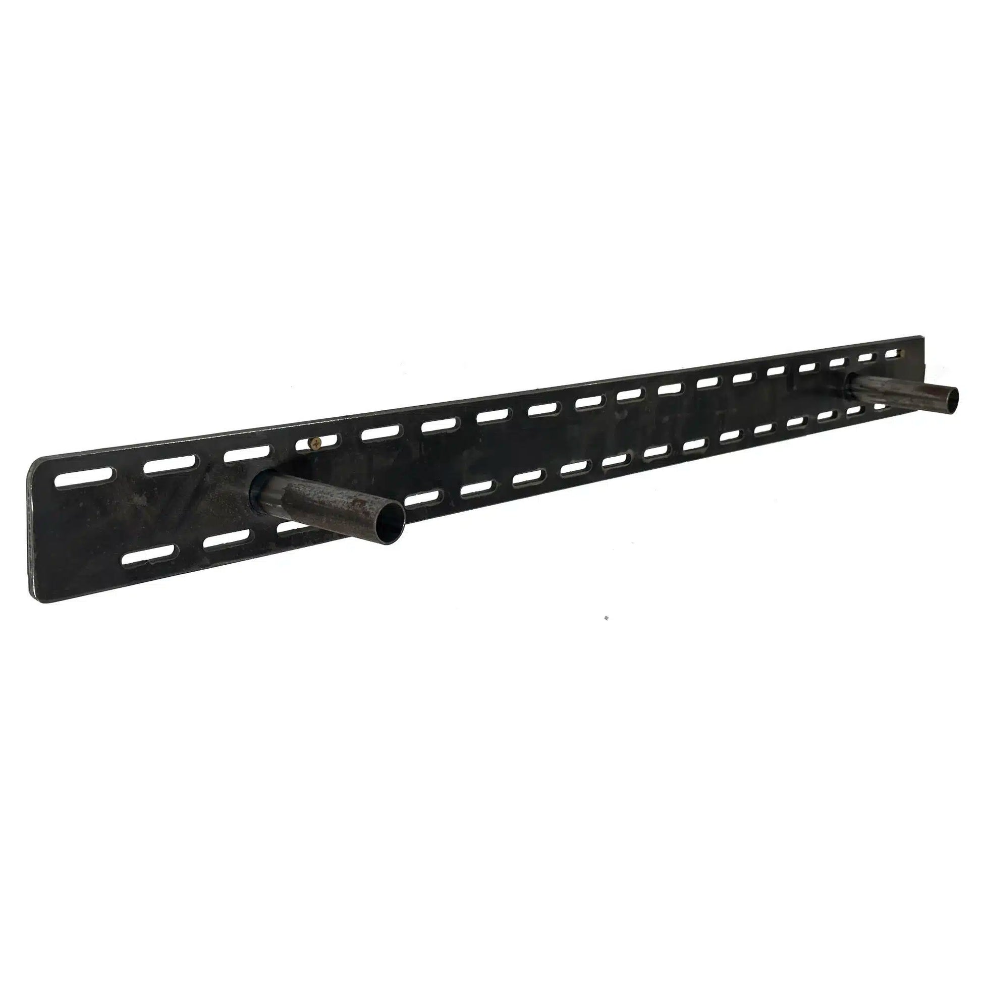 steel floating bracket with a plate on the back and slots for screws around perimeter of plate. Two rods extend out from plate that will go into mantel or shelf for mounting.