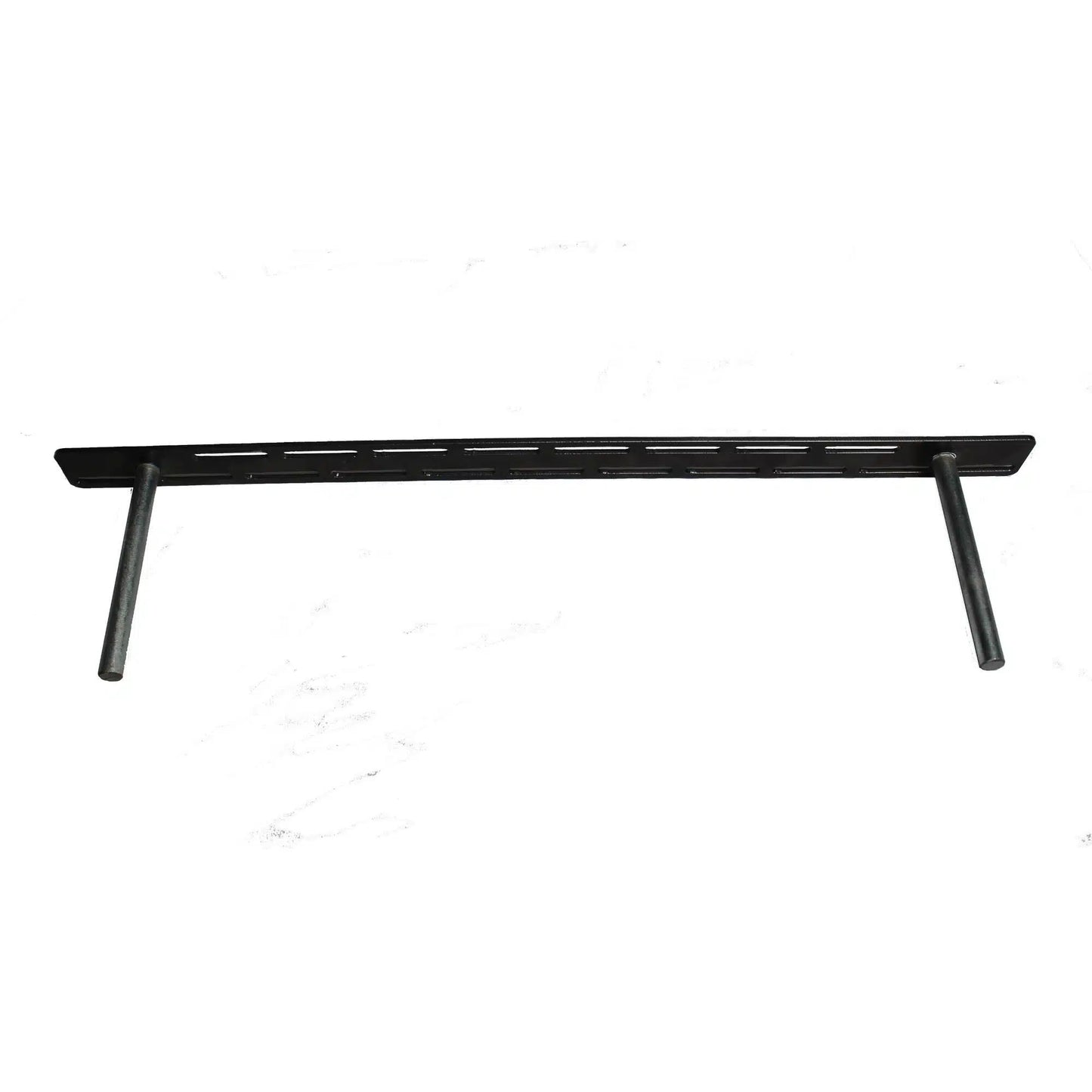 steel floating bracket shown from top view with a plate on the back and slots for screws around perimeter of plate. Two rods extend out from plate that will go into mantel or shelf for mounting.