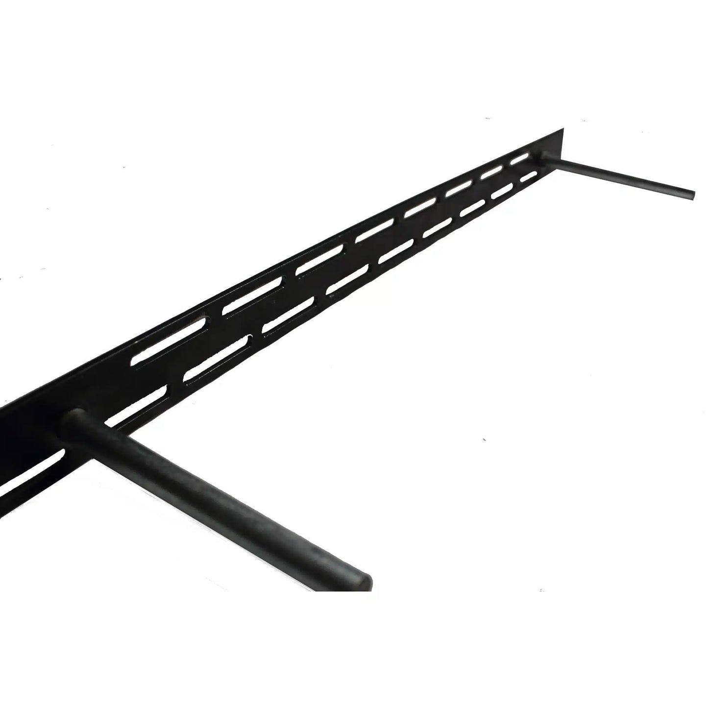steel floating bracket shown from the side with a plate on the back and slots for screws around perimeter of plate. Two rods extend out from plate that will go into mantel or shelf for mounting.