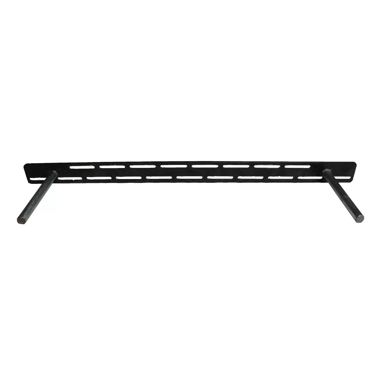 steel floating bracket shown face forward with a plate on the back and slots for screws around perimeter of plate. Two rods extend out from plate that will go into mantel or shelf for mounting.