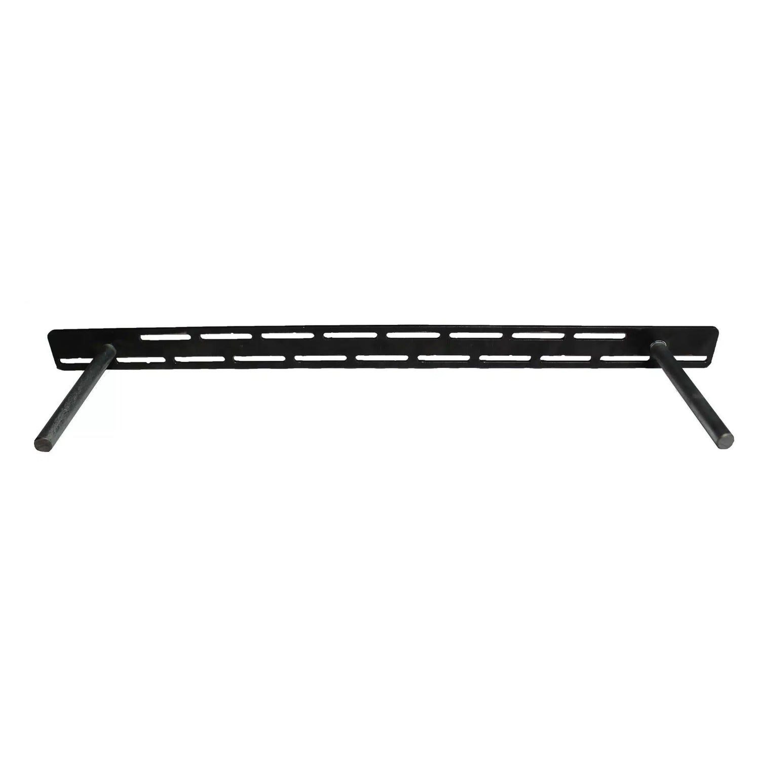 steel floating bracket shown face forward with a plate on the back and slots for screws around perimeter of plate. Two rods extend out from plate that will go into mantel or shelf for mounting.