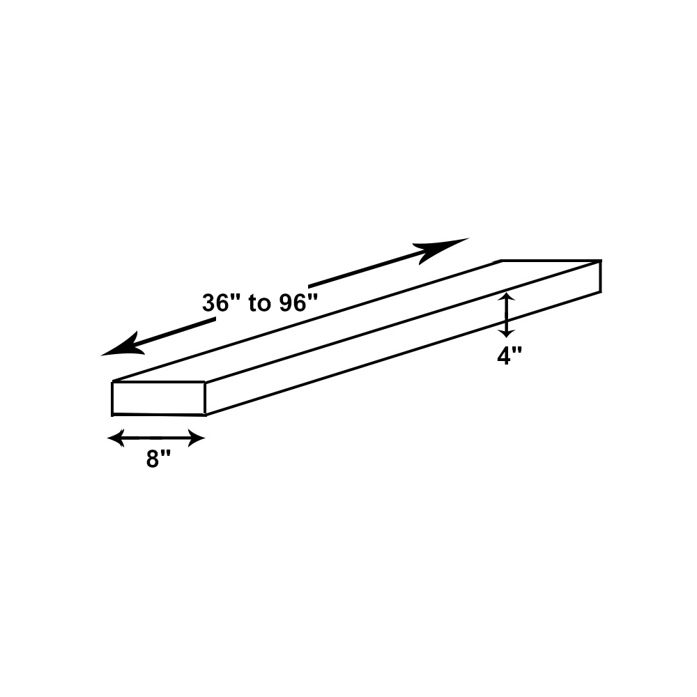 graphic showing dimensions of mantel. Graphic shows thirty six to ninety six inches long, eight inches deep, and four inches thick.