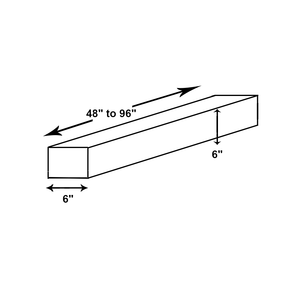 graphic showing dimensions of mantel. Graphic shows forty eight to ninety six inches long, six inches deep, and six inches thick.
