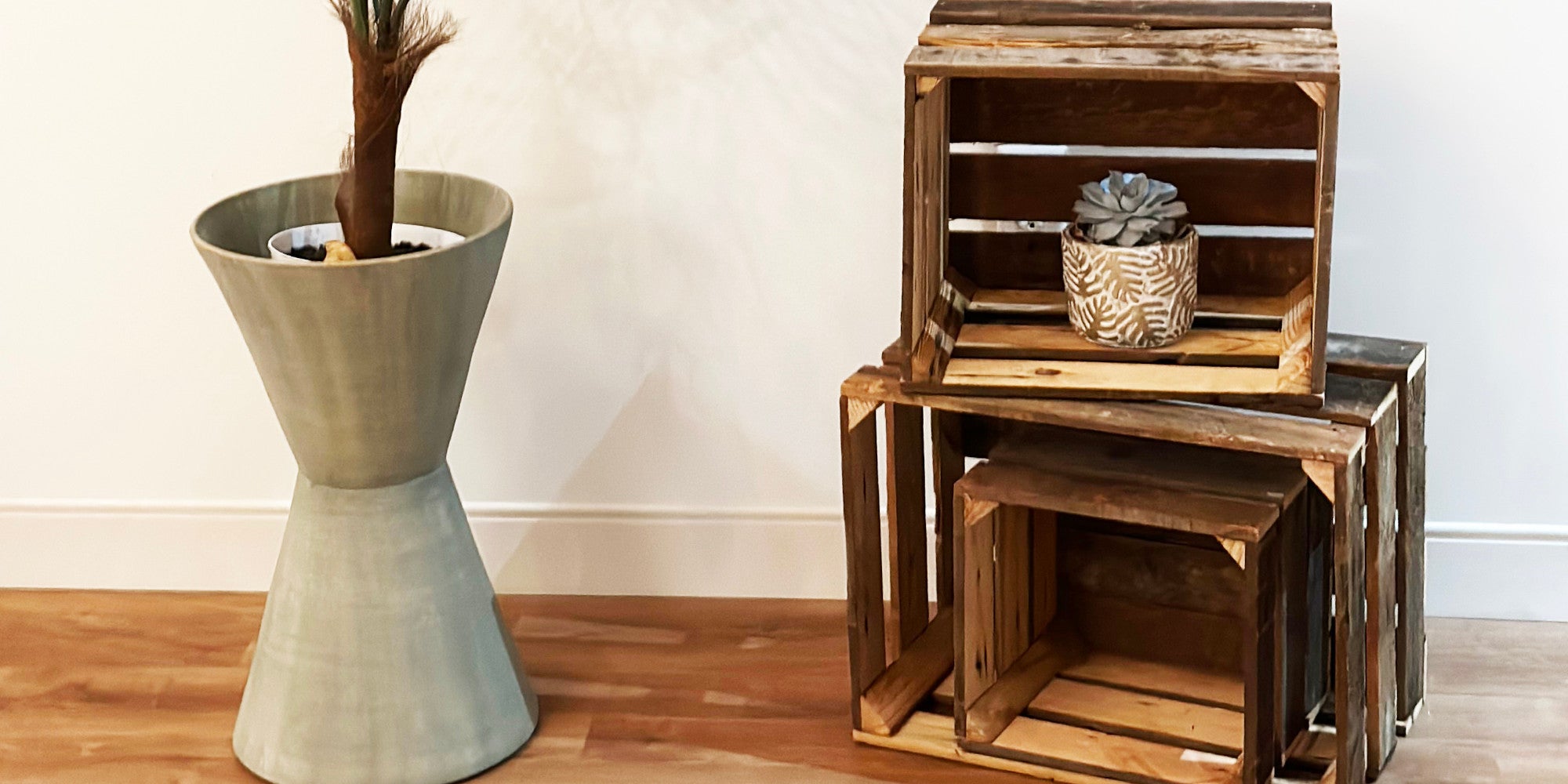 reclaimed wood square baskets in room with vase