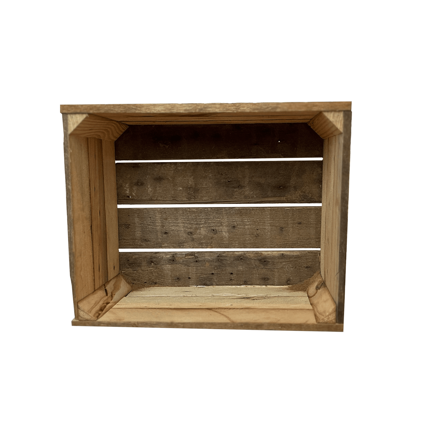 inside of the reclaimed wood crate showing corner supports and variance in wood. There are four slats across the bottom with a small space in between.