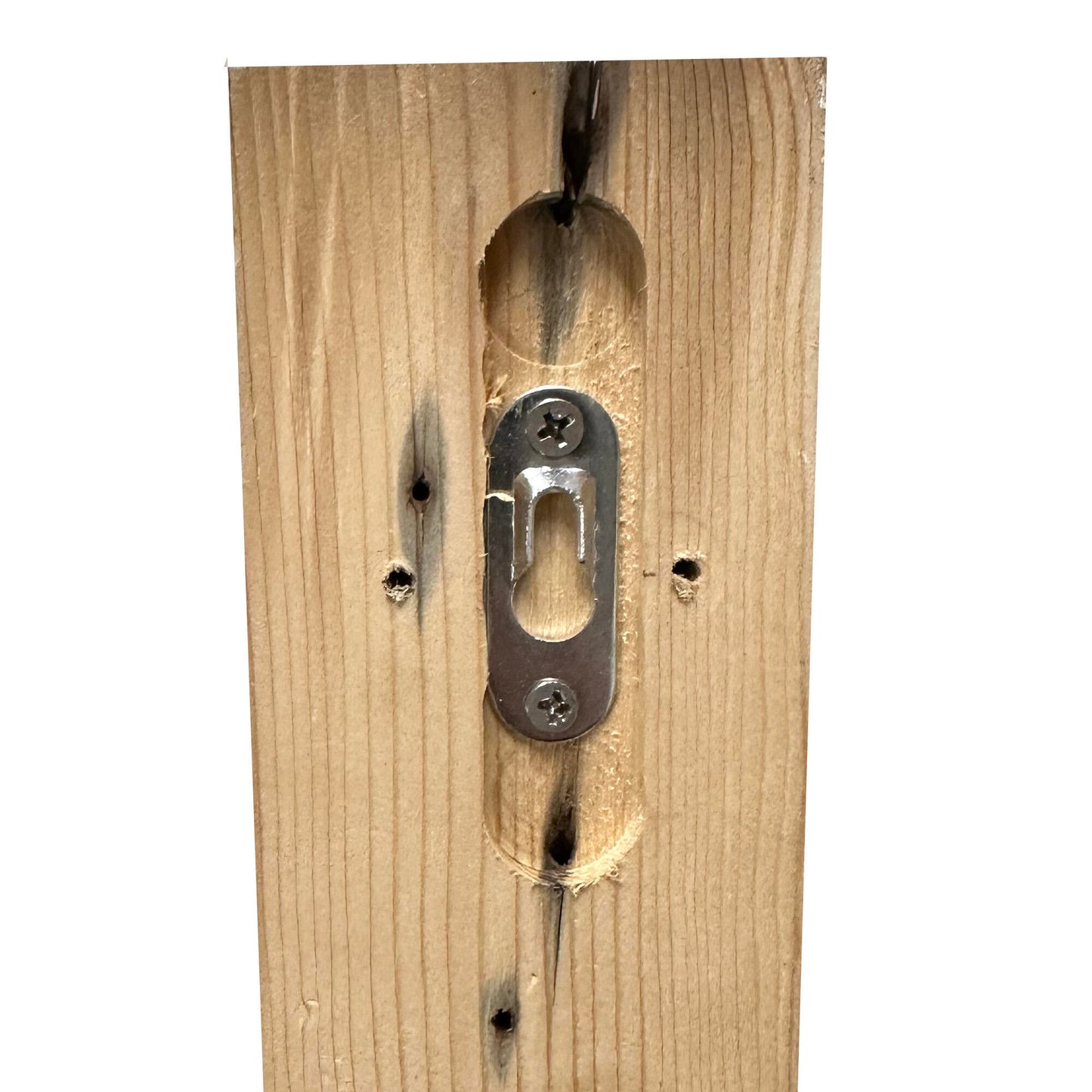 back of the corbel showing the routed out channel and keyhole slot hardware for mounting.