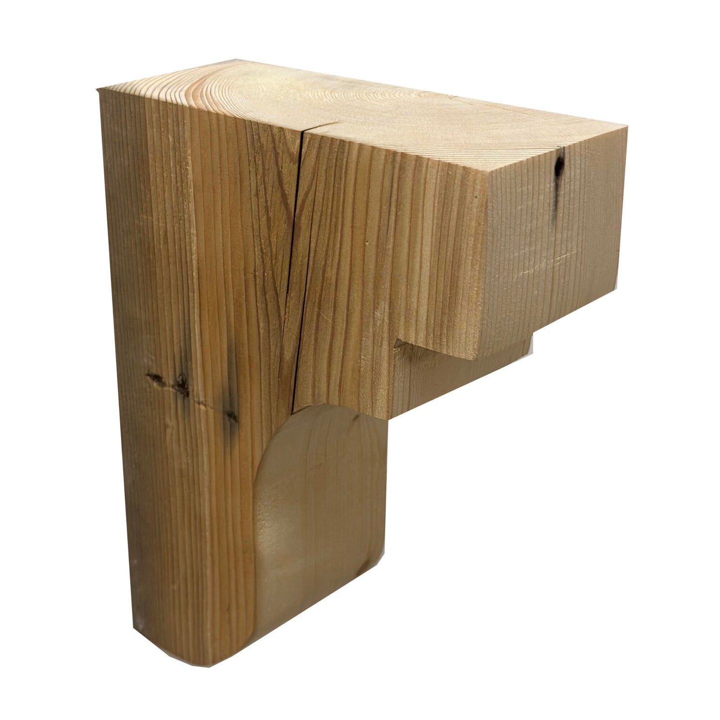decorative corbel made from reclaimed barnwood. Wood grain and checking are displayed on the side and corbel shown in a decorative profile. There is one large step at the top of the corbel with a smaller one below before the arch. The bottom of the corbel is slightly rounded.