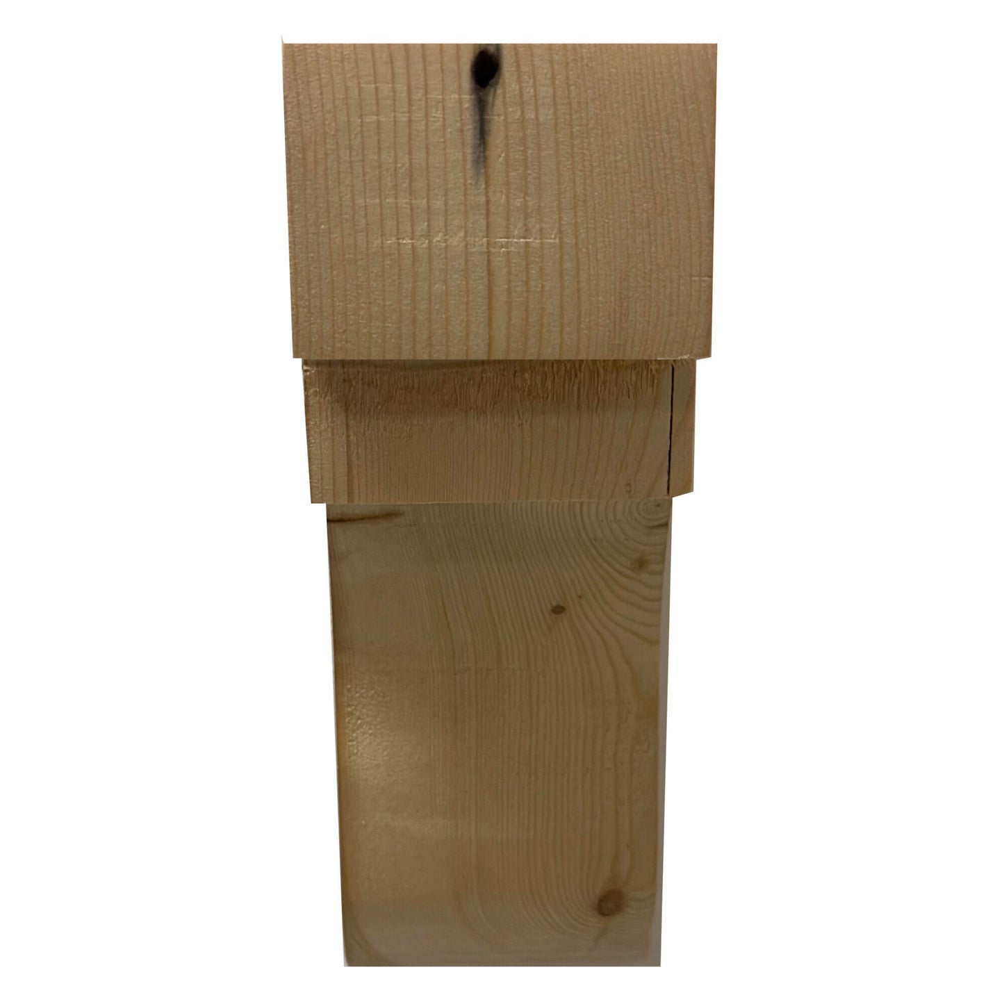 front view of the corbel showing the larger and smaller step along with the arch. Grain pattern and nail hole displayed in the wood.