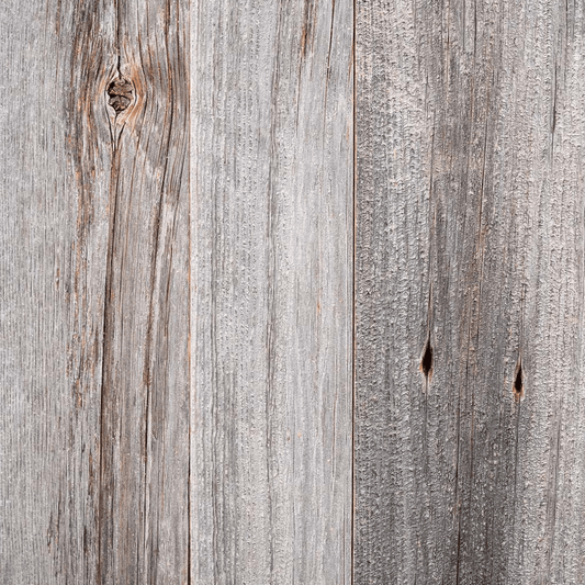 close up of weathered grey barnwood paneling. Shows color variations, texture, knots, and nail holes in the wood.