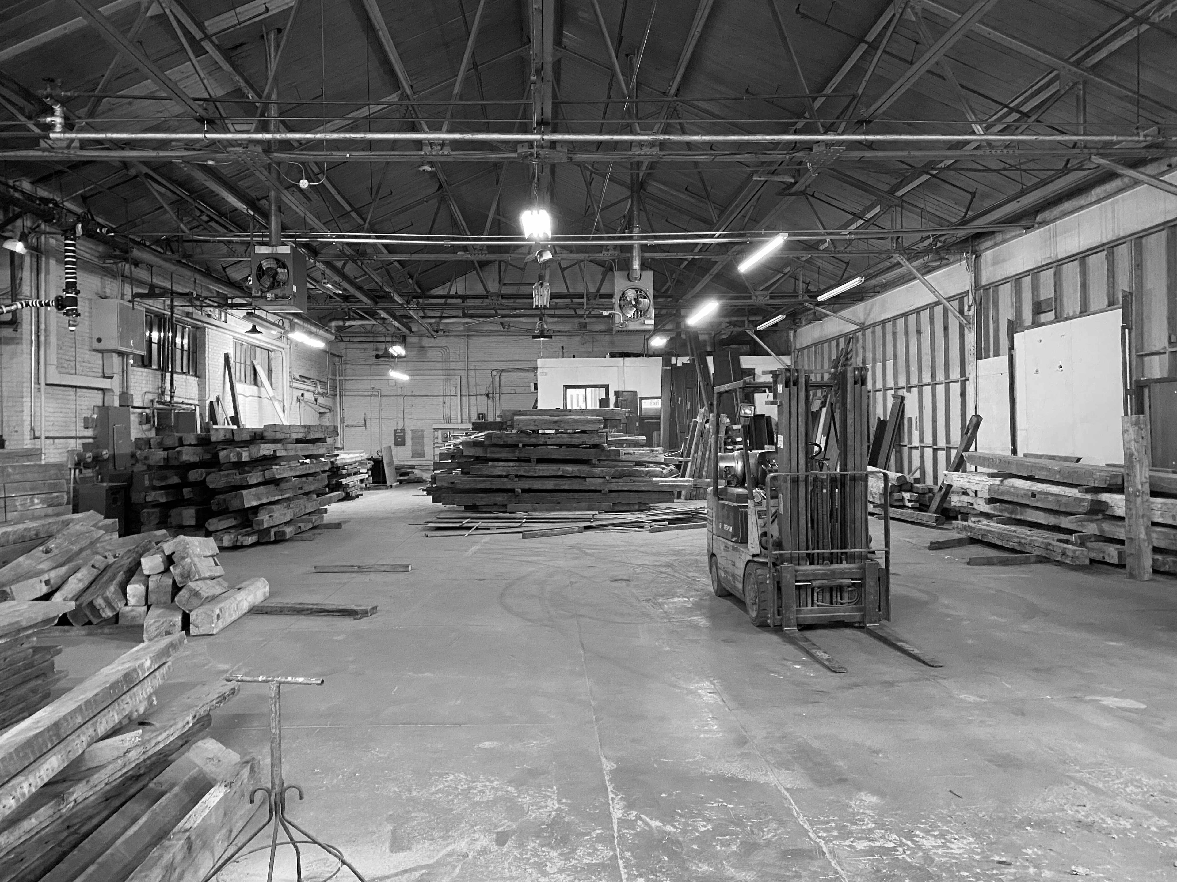 Inside warehouse with reclaimed wood