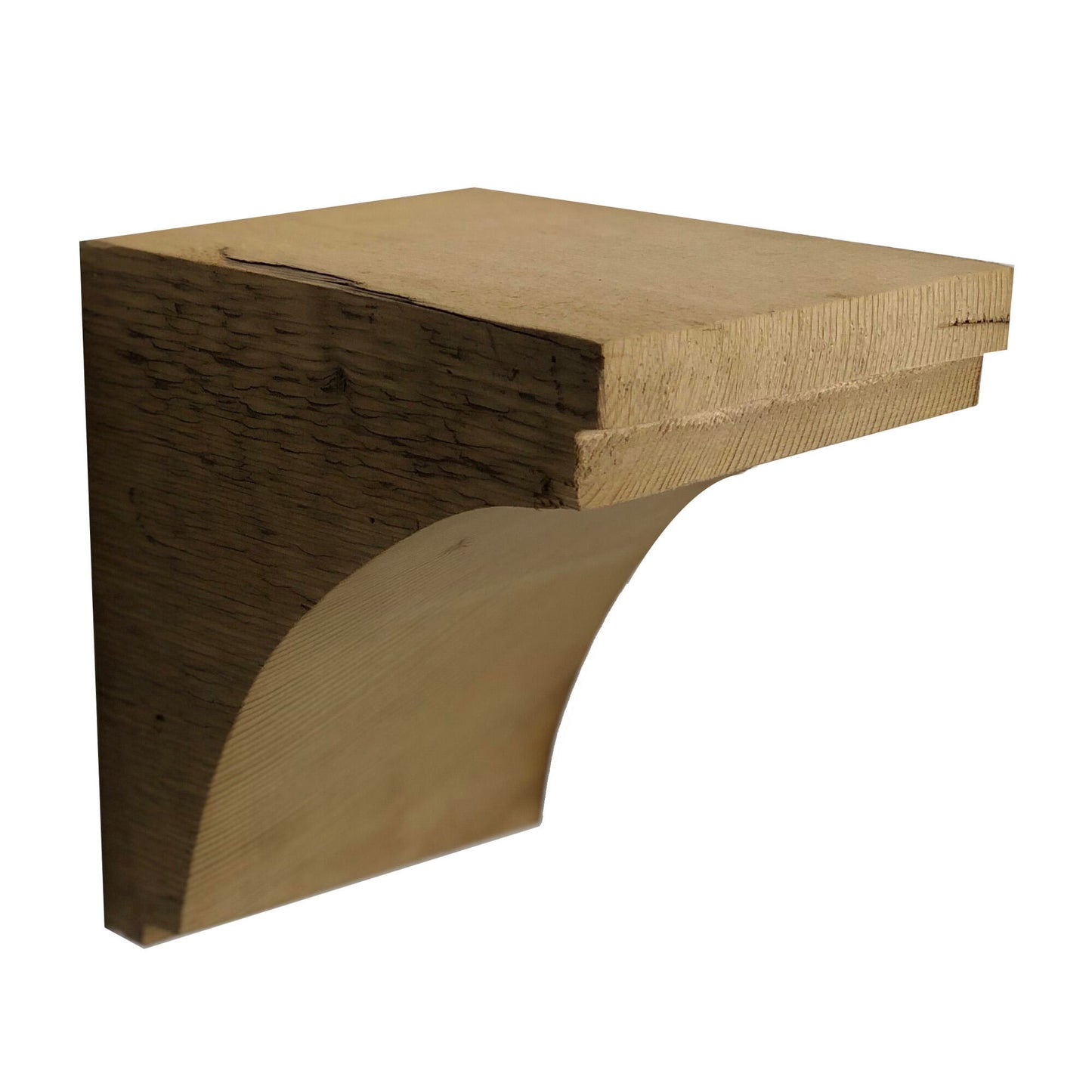 decorative corbel made from reclaimed barnwood. Wood grain displayed on the side and corbel shown in a decorative profile. There is one small step at the top of the corbel before the arch and another small step at the bottom.