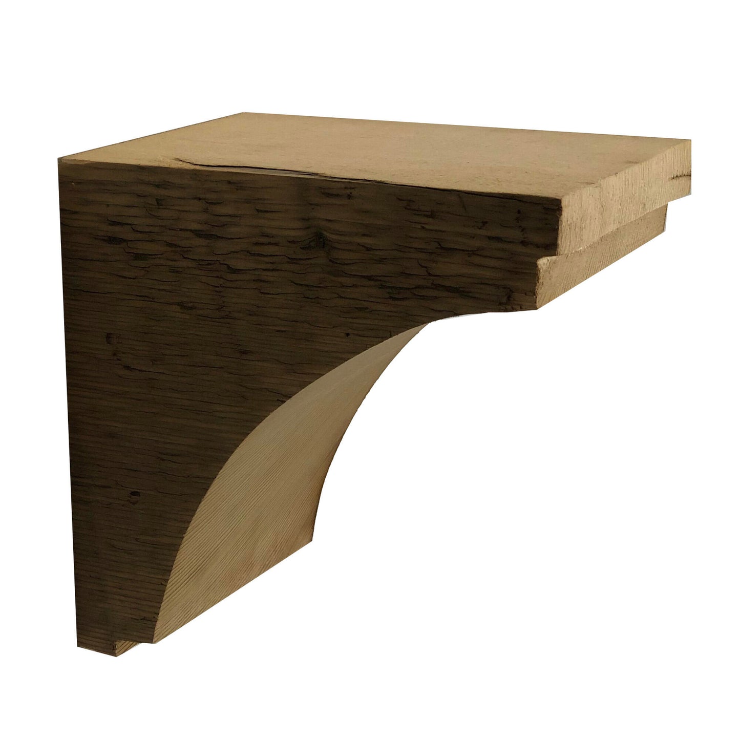 decorative corbel made from reclaimed barnwood. Wood grain displayed on the side and corbel shown in a decorative profile. There is one small step at the top of the corbel before the arch and another small step at the bottom.
