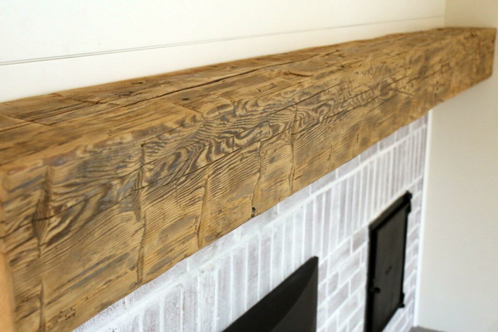 Reclaimed wood mantel close up