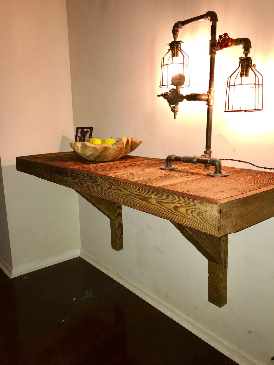 Reclaimed wood shelf with modern decor