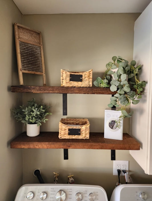 2 tier reclaimed wood shelving in laundry room