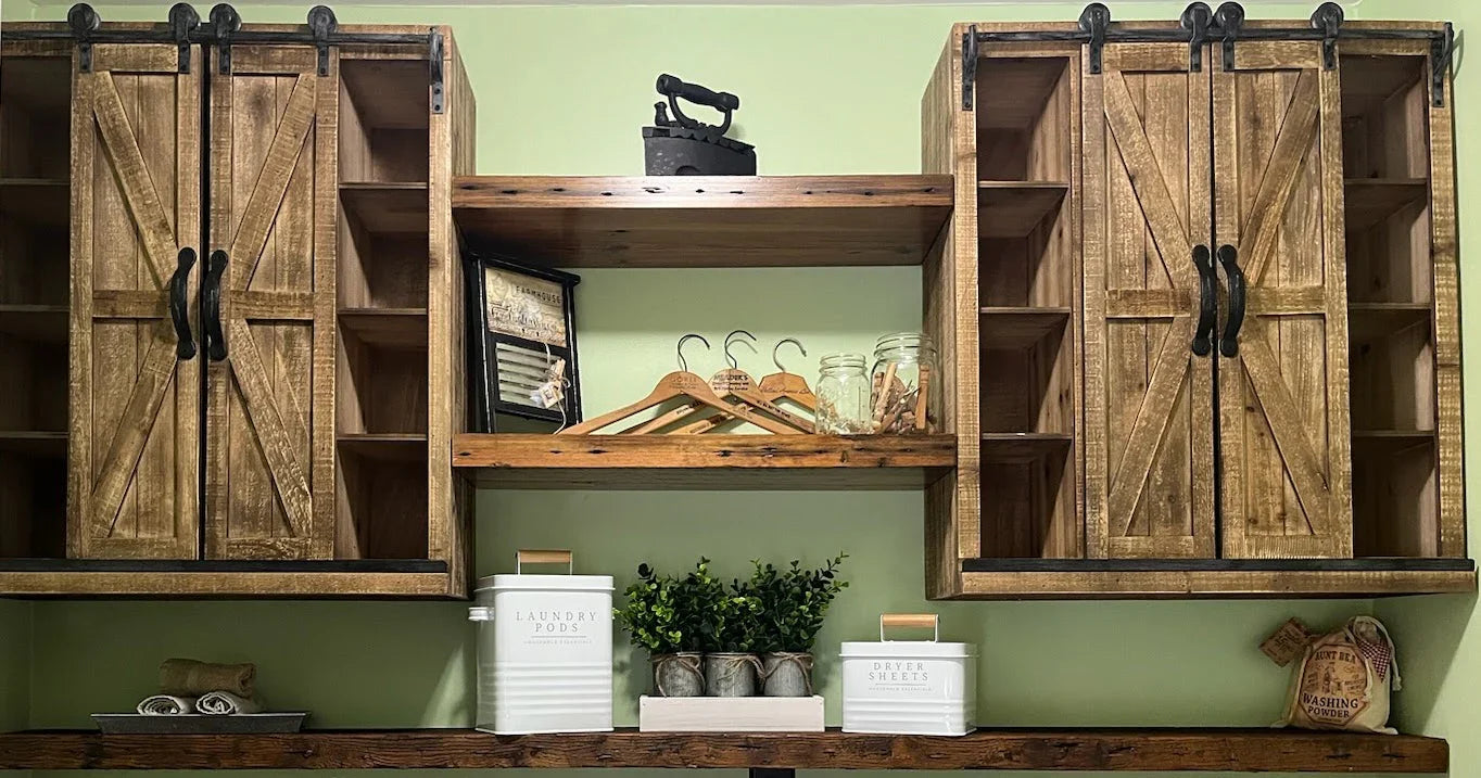 2 tier reclaimed wood shelves between hanging cabinetss