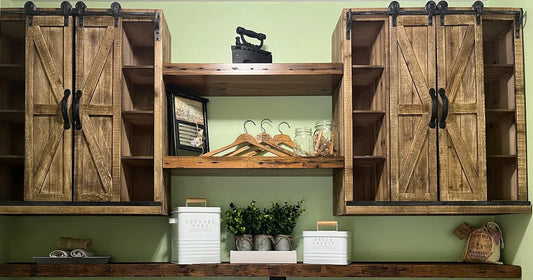 2 tier reclaimed wood shelves between hanging cabinetss