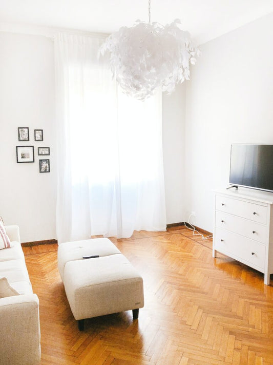 Reclaimed wood flooring in living room