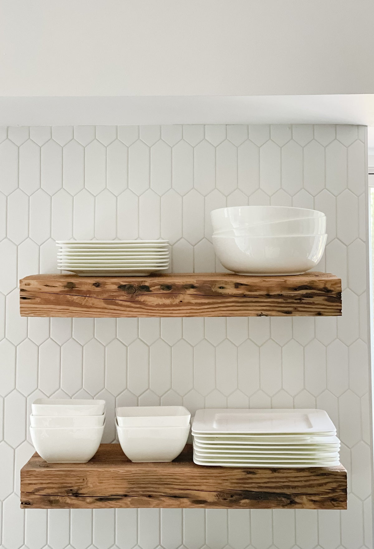 Reclaimed Fireplace Mantel 3x10/Shelf with dish wear on white wall