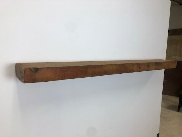 42" Reclaimed Barn Wood Fireplace Mantel Shelf - 3x8 on white wall left angle view