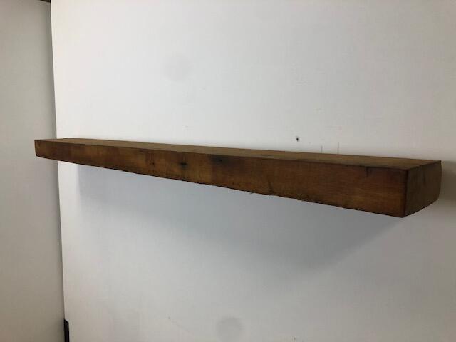 42" Reclaimed Barn Wood Fireplace Mantel Shelf - 3x8 on white wall right angle view