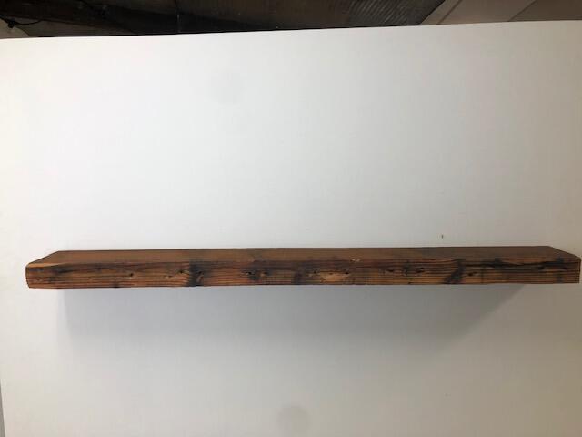 60" Reclaimed Barn Wood Fireplace Mantel Shelf - 3x7 on white wall  front view
