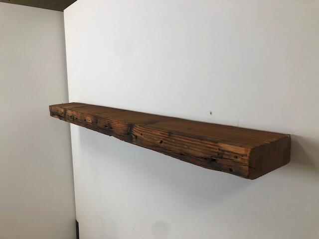 60" Reclaimed Barn Wood Fireplace Mantel Shelf - 3x7 on white wall right angle view