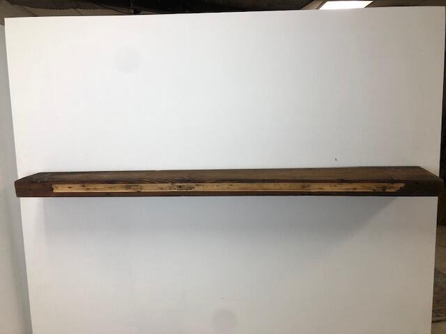 66" Skip-Planed Reclaimed Barn Wood Fireplace Mantel Shelf - 3x8 on white wall back view