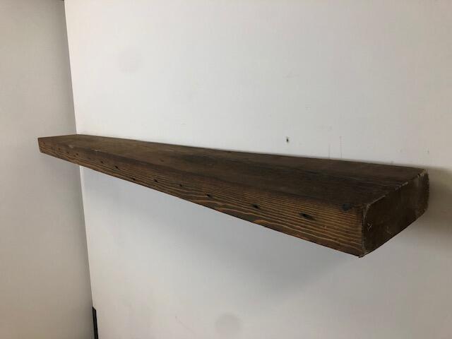 66" Skip-Planed Reclaimed Barn Wood Fireplace Mantel Shelf - 3x8 on white wall right angle view