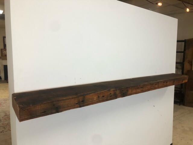 72" Reclaimed Barn Wood Fireplace Mantel Shelf - 3x7 on white wall left angle view