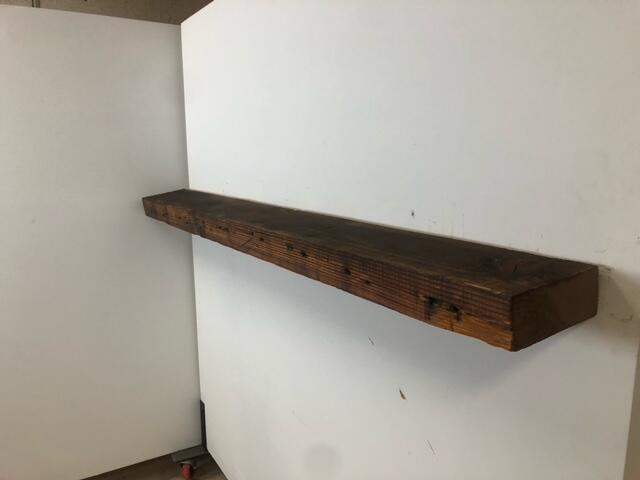 72" Reclaimed Barn Wood Fireplace Mantel Shelf - 3x7 on white wall right angle view