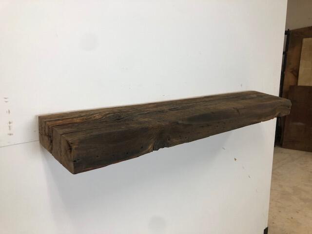42" Reclaimed Barn Wood Fireplace Mantel Shelf - 3x8 on white wall left angle view