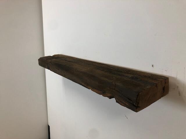 42" Reclaimed Barn Wood Fireplace Mantel Shelf - 3x8 on white wall right angle view