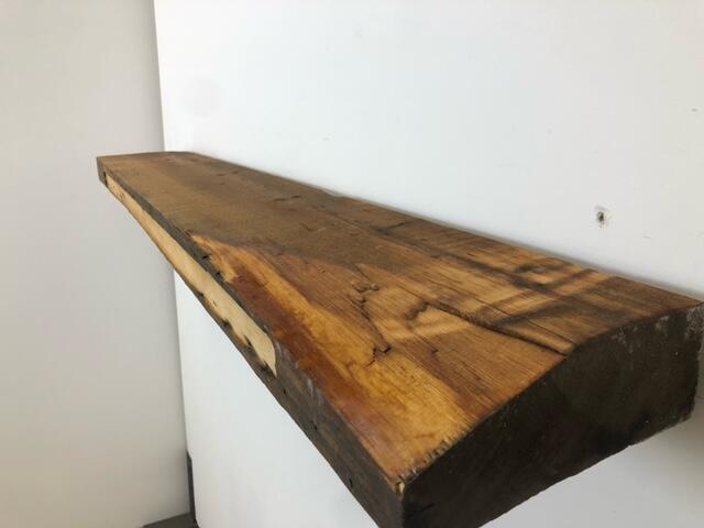 48" Reclaimed Barn Wood Fireplace Mantel Shelf - 3x8 on white wall right side view
