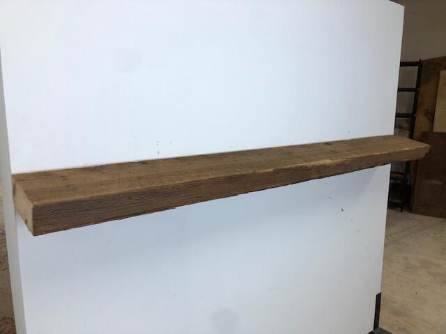 72" Reclaimed Barn Wood Fireplace Mantel Shelf - 3x8 on white wall left angle view