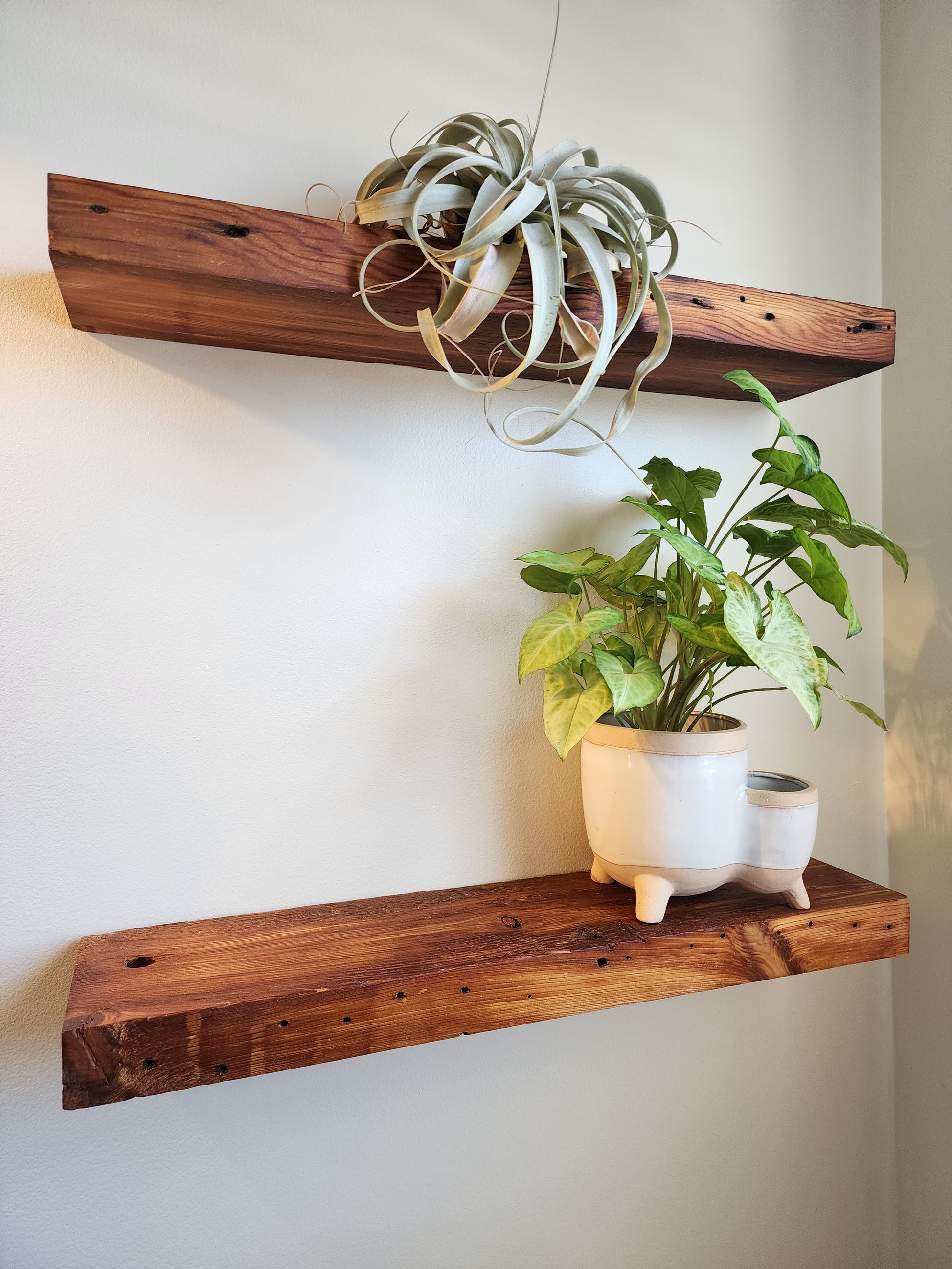 reclaimed wood floating shelves in an oil finish