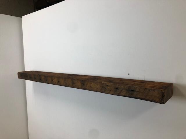 60" Reclaimed Barn Wood Fireplace Mantel Shelf - 3x7 on white wall right angled view