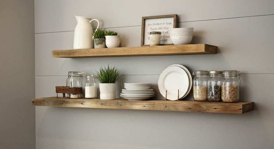 Two by ten authentic reclaimed wood floating shelf