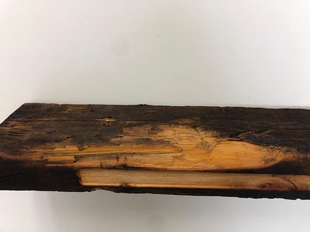 60" Reclaimed Barn Wood Fireplace Mantel Shelf - 4x8 on white wall close up
