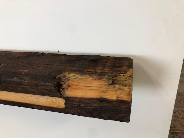 60" Reclaimed Barn Wood Fireplace Mantel Shelf - 4x8 on white wall close up 2